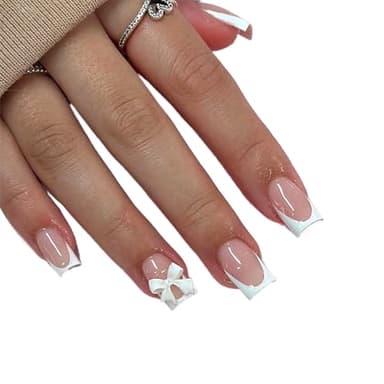 24 Stück Nägel zum Aufkleben, Rosa Weiß Bogen Element Fake Nails, Süße Schleife Short Square Press on Nails, für Nagel Techniker Salon,Nail Art Lover DIY