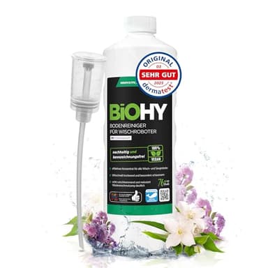 BiOHY Bodenreiniger für alle Wischroboter mit Frühlingsduft (1l Flasche) + Dosierer | Schaumarm & Streifenfrei | Reinigungsmittel Konzentrat für alle Böden