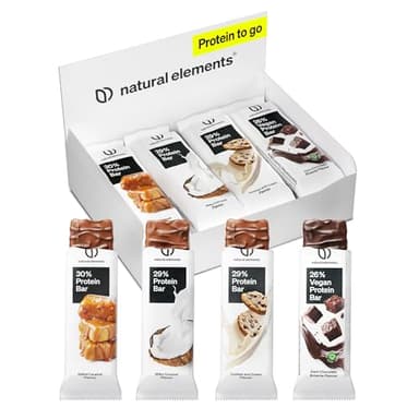 natural elements Proteinriegel Mixed Box – verschiedene Low Sugar Eiweißriegel – bis zu 13g Protein – vegetarisch, ohne Palmöl – in Deutschland laborgeprüft