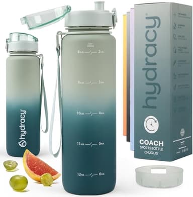 Hydracy Trinkflasche mit Fruchteinsatz - 1L Wasserflasche - BPA-freie Trinkflasche mit Zeitmarkierung Auslaufsichere Sportflasche - Kondensationsfrei für Sport und Outdoor - Farbverlauf Salbei Türkis
