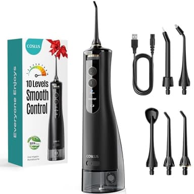 COSLUS Munddusche Kabellos Testsieger 2026: 10 Stufen Stufenlose Elektrische Regelung Steuerung IPX7 Wasserdicht Tragbar Wiederaufladbar für Oral Health Enthusiasten Tägliche Pflege und Reisen Schwarz