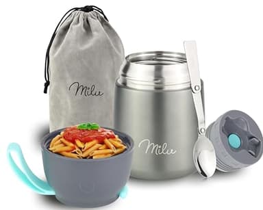Milu® Thermobehälter für Essen 450ml, Edelstahl Warmhaltebehälter mit Löffel, Thermobecher Essen, Thermo Lunchbox für Kinder, Erwachsene, Thermobox Suppen, Babybrei, Speisebehälter Grau, 450ml