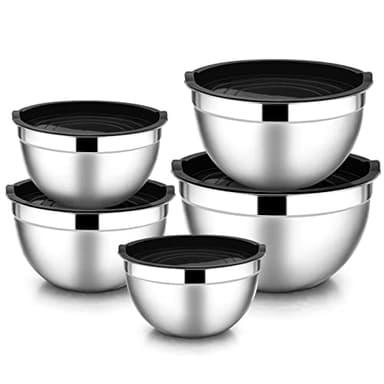 Rührschüssel 5er Set, HaWare Edelstahl Salatschüssel Schüssel Set mit Luftdichtem Deckel - 4.5L/ 2.7L/ 1.5L/ 1.2L/ 0.7L, Ideal zum Kochen/Backen/Aufbewahrung, Stapelbar & Spülmaschinenfest - Schwarz