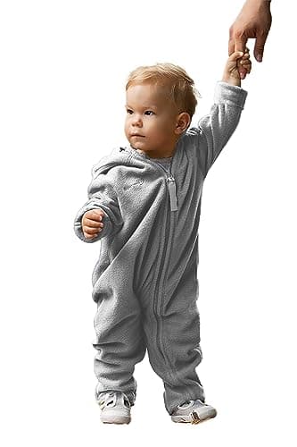 Hoppediz Baby Overall aus Fleece, extra lange Beine - perfekt für die Babytrage, Umschlagbündchen an Händen und Füßen - stone 68-74