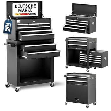 NTG Werkzeugwagen leer mit Werkzeugkiste | 8 Schubladen + großes und kleines Fach | Werkstattwagen leer OHNE Werkzeug Kugelgelagerte Schubladen | Transportsicherung | 1 Rolle mit Feststellbremse