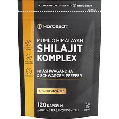 Shilajit Kapseln Hochdosiert mit Ashwagandha und Piperin | 60% Fulvosäure | Mumijo Shilajit Extrakt | 120 Vegan Stk | Natürliche Quelle von Mineralien, Fulvin- und Huminsäure | von Horbaach