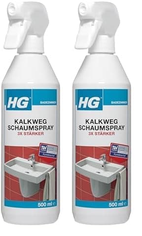 HG Kalkweg Schaumspray 3x stärker, extra starker Kalkreiniger, Entfernt hartnäckige Kalkflecken & Ablagerungen Z.B. auf Duschköpfen, Wasserhähnen & Badewannen - 500 ml (Packung mit 2)