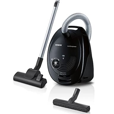 Siemens Staubsauger mit Beutel synchropower VS06A212, Bodenstaubsauger, Hygiene-Filter, Bodendüse für Parkett, Teppich, Fliesen, starke Saugleistung, langes Kabel, Fugendüse, 600 W, schwarz