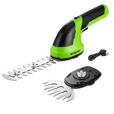 WORKPRO Gartenschere Akku 7,2V Grün, Handliche Grasschere Elektrisch mit 2 Messern 2.000mAh Akku und Typ C Kabel, 2 in 1 Heckenschere mit Schnittbreite 10cm, Schnittlänge 15cm