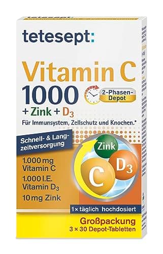 tetesept Vitamin C 1000 + Zink + D3 – 3 x 30 Tabletten (3 Monats-Packung) – Nahrungsergänzungsmittel zur Unterstützung des Immunsystems, dem Zellschutz und der Knochen – Vitamin Tabletten