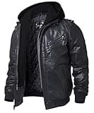 FLAVOR Echtes Lederjacke Herren Abnehmbarer Hoodie (L, Schwarz)