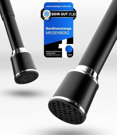 MEISENBERG Klemmstange für Gardinen 370-420cm, Schwarz, Ø 32 mm, Vorhangstange ohne Bohren - Gardinenstange zum Klemmen - Spannstange für Vorhänge, Dusche, Türöffnungen und Kleiderschrank