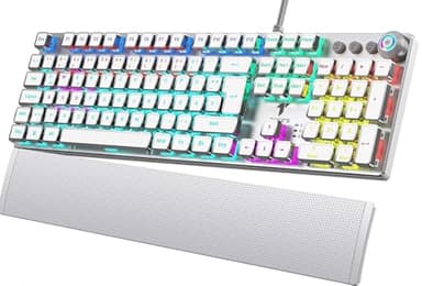 TECURS Gaming Mechanische Tastatur - Programmierbare Gamer Mit Magnetische Handgelenkauflage, Rote Schalter, 19 LED Modi, Multimedia-Tasten, PC Mit Kabel QWERTZ DE-Layout, Weiß