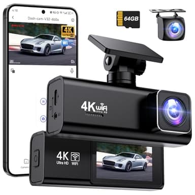 Topabol Dashcam Auto, 4K + 1080P Dashcam Auto Vorne Hinten, WiFi Dash Cam mit 64GB SD Karte, Dual Auto Kamera mit Nachtsicht, 170° Weitwinkel WDR, G-Sensor, Loop-Aufnahme, APP Steuerung, Max 256GB