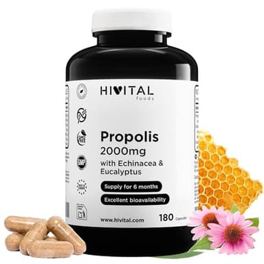 Propolis 2000 mg. 180 Kapseln für eine 6-monatige Kur. Extrakte aus Propolis mit 10% Galangin, Echinacea mit 4% Polyphenolen und Eukalyptus. Hergestellt von HIVITAL