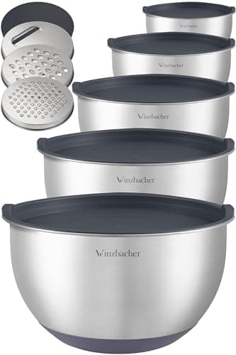 Winzbacher Edelstahl Schüssel mit Deckel [5er Set] 1l + 1.5l + 2.5l + 3.5l + 4.5l | Rührschüssel, Salatschüssel, Schüsselset, | rutschfest | stapelbar | inkl. Reibe