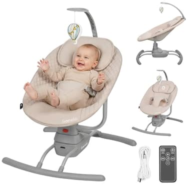 LIONELO RIO Elektrische Babywippe für Kleinkinder bis zu 9 kg Verstellbare Rückenlehne, 3 Wiegegeschwindigkeiten, Polster Sitzgurte Melodien und Geräusche der Natur Leichtes Gewicht 3,5 kg