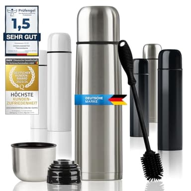 Edelstahl Thermosflasche mit Becher & Bürste; Thermoskanne Doppelwandige Isolierkanne; Auslaufsicher, Spülmaschinenfest & BPA-frei + Reinigungsbürste; hält Getränke heiß & kalt (Silber - 500 ml)
