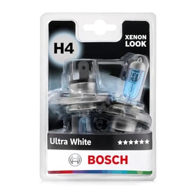 Bosch H4 Ultra White Halogen-Glühlampe für Auto-Scheinwerfer, 12 V 60/55 W, mit modernem weißem LED-Look - Lampensockel Typ P43t - 2er-Pack Ersatz-Scheinwerferlampen