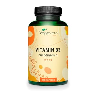Vitamin B3 Niacin | Hochdosiert: 500 mg Nicotinamid | 180 Kapseln - 6 Monatsvorrat | Haut - Nerven - Energie* | Flushfree | Laborgeprüft | Vegan - Ohne Zusatzstoffe | Deutsche Produktion von Vegavero