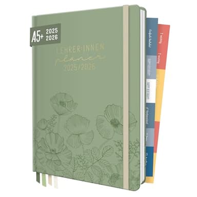 Häfft® Lehrer-Planer 2025/2026 A5 + "Green Poppy" Hardcover Lehrerkalender/Schuljahresplaner mit 236 Seiten, Stickern und mehr - nachhaltig & klimafreundlich
