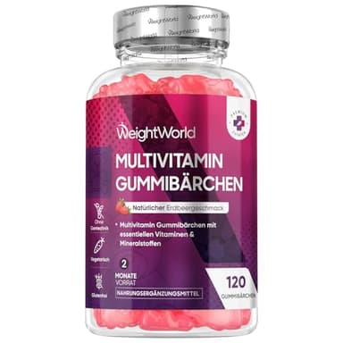 Multivitamin Gummibärchen - 120 Gummies mit 13 Zutaten - Mit Zink, Vitamin C, A,D3,E, B9,B5, Biotin - Erdbeergeschmack - 2 Monate Vorrat - Multivitamin Komplex - A-Z Vitamine - WeightWorld