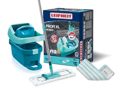Leifheit Set Wischtuchpresse Profi XL mit Bodenwischer und Rollen inkl. Ersatzbezug Profi Micro Duo aus Mikrofaser, saugfähig und reinigungsstark, Set zum Putzen ohne Bücken mit Click-System