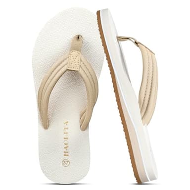 HAOLIRA Flip Flops Damen Stoff Weich Orthopädische Zehentrenner mit Arch Support Leicht Bequeme Rutschfest Sommer Strand Sandalen (03 Beige/Weiß 37)