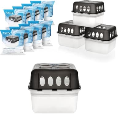 Vaily Luftentfeuchter 4er Set mit 8x 400g Nachfüllbeutel - Raumentfeuchter mit Granulat für Bad, Keller, Wohnung u.v.m bis 40m²