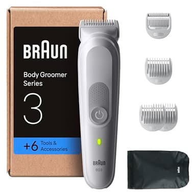 Braun Bodygroomer Series 3, Elektrischer Körperrasierer Herren mit 6 Zubehörteile, Kabelloser Trimmer für Intimbereich und Körper, 80 Min Akku, Wasserdichter Körperhaartrimmer, BG3575, Grau
