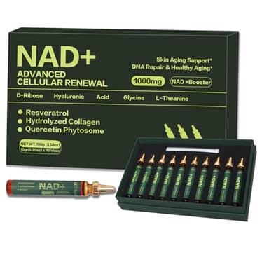 NAD+ Zellregeneration 1000mg – Flüssigkeit NAD Nahrungsergänzungsmittel für Anti-Aging, DNA-Reparatur & Energie – NAD+ Booster mit Resveratrol, Kollagen & Quercetin – 10 Trinkampullen