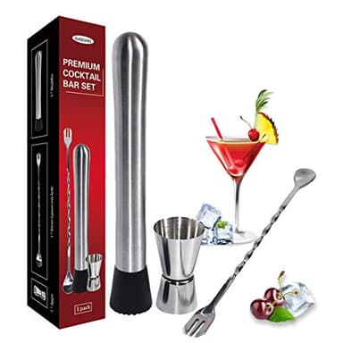 Professionelles Barzubehör, Bar-Set mit Mojito-Stößel, langlebiger Stößel, Edelstahl-Stößel, Bar-Tools, Cocktail-Stößel, Löffelmischgabel, Messbecher, 3 Stück
