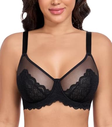 DotVol Damen Große Größen Spitze Sheer Bügel Ungepolster Jeden Tag Minimizer BH(Schwarz, 85F)