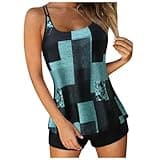 2025 - Tankini-Badeanzüge für Frauen 2024 Sommer Zweiteilige Badeanzüge Print Sling Swim Tank Top mit Shorts Strandbadebekleidung T Shirt Test Stiftung Warentest (Sky Blue, XL)