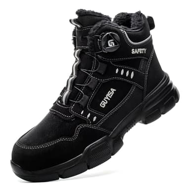 GemChve Arbeitsschuhe Herren Damen Winter, Sicherheitsschuhe Gefüttert wasserdichte, Sicherheitsstiefel Stahlkappenschuhe, rutschfeste warme Schnellverschluss Selbsthemmend Black 45 EU