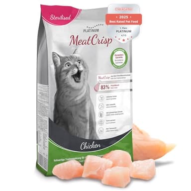 PLATINUM - Katzenfutter MeatCrisp Sterilised Chicken aus dem Frischfleischtrockner - 1,5kg Trockenfutter für Katzen mit 83% Frischfleisch - Crispy Biss - reduzierter Kaloriengehalt