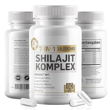 Shilajit 7-in-1 Mischung 18,000 mg – Ashwagandha, Maca-Wurzel, Ginseng, Kurkuma, Löwenmähne, Schwarzkümmelöl – Hochdosiert, 60 Kapseln