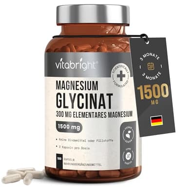 Magnesium Glycinat 180 Kapseln | 300mg Elementares Mg | 1500mg Pro Dosis - Magnesium Bisglycinat Pulver Gepuffertes | Hochdosiert Magnesiumglycinat Ohne Zusatzstoffe | VitaBright Magnesiumbisglycinat
