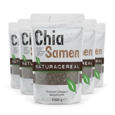 Chia Samen 5x1 kg – Naturacereal® Premium Chiasamen/Chia Seeds – Direkt vom Erzeuger, angebaut in Paraguay & in Deutschland verpackt – Hoher Gehalt an Omega-3, Protein & Ballaststoffen