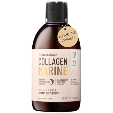 True Collagen Marine - 11000 mg Flüssiges Meereskolagen I Rein hydrolysiertes Kollagen (Typ I & III) I Hyaluronsäure, Biotin, Silica I Haut, Haare, Nägel I Zuckerfrei I 20-Tage-Vorrat