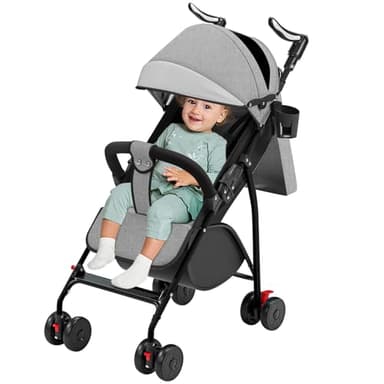 WODFARR Kompakter Buggy, mit Liegeposition, ab Geburt bis 4 Jahre (bis zu 25 kg), sitzend oder liegend, verstellbarer Griff, Kinderwagen mit 4 Rädern mit Baumwollmatte + Moskitonetz (grau)