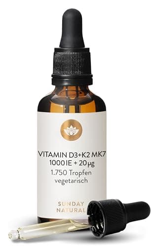 SUNDAY NATURAL® Vitamin D3 K2 Tropfen Hochdosiert – Premium Vitamin D 3 1.000 IE + K2-MK7 ≥99,8% all-trans 20µg – Kölner Liste® - 50 ml - Optimale Bioverfügbarkeit, ohne unnötige Zusätze, laborgeprüft