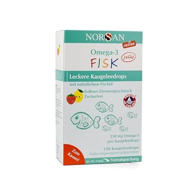 NORSAN Omega-3 FISK Jelly 120 hochdosiert - für Kinder mit 250 mg Omega-3 pro Kaugeleedrops mit EPA & DHA - Tagesdosis mit Zitrone-Erdbeer-Geschmack