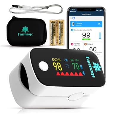 FARMAQO Pulsoximeter Mit Bluetooth Und App Finger-Oximeter Für Erwachsene Und Kinder OLED-Display SpO2 Und Puls Messgerät Mit Etui Und Batterien CE-Zertifiziert Für Zuhause Und Unterwegs