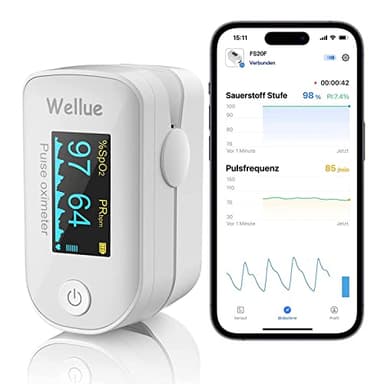 Pulsoximeter mit Datenspeicher, mit APP über Bluetooth, Messung der Sauerstoffsättigung, Fingerpulsoxymeter, Sauerstoffgehalt Gesundheitsmonitor, Überwachung von Herzfrequenz und SpO2, Weiß