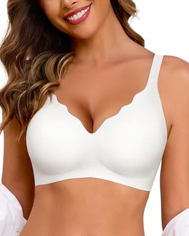 HORISUN Ohne Bügel BH für Damen, Nahtloser Bequemer V-Ausschnitt Vollständiger Bralette für Große Brüste mit Unterstützung Kein Bügel kabelloser Komfort Tshirt BHS (Weiß XL)