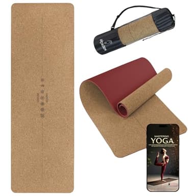 ALPIDEX Kork Yogamatte 183 x 61 x 0.6 cm E-Book Fitness Pilates Matte Schadstofffrei rutschfest Tragetasche Hilfslinien Natürlicher Kork Yoga Mat, Bordeaux