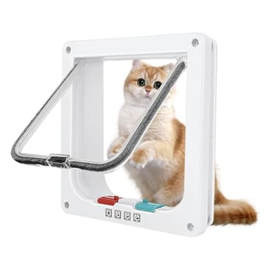 Katzentür, Sicherheits-Haustier-Tür mit 4-Wege-Schloss, katzenklappe innentür, Katzenklappe Außentür, für Innen Außentür, Fenster, Wand, für Katzen und kleine Hunde, weiß, 20×19cm(S)