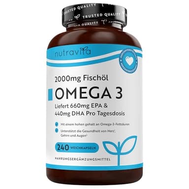 Nutravita Omega 3 Kapseln Hochdosiert 2000mg Fischöl Kapseln mit 660mg EPA un 440mg DHA Unterstützt die Gesundheit von Herz, Gehirn und Augen (EFSA) 240 Weichkapseln für 4 Monate