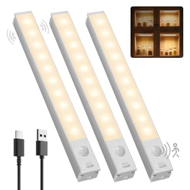 Schranklicht mit Bewegungsmelder -3 Stück Kleines Aluminium LED Schrankbeleuchtung Kabellos- Dimmbare Warmweiß Nachtlicht Bewegungsmelder Licht für Kleider Schrank Treppe Flur Beleuchtung, 3000K